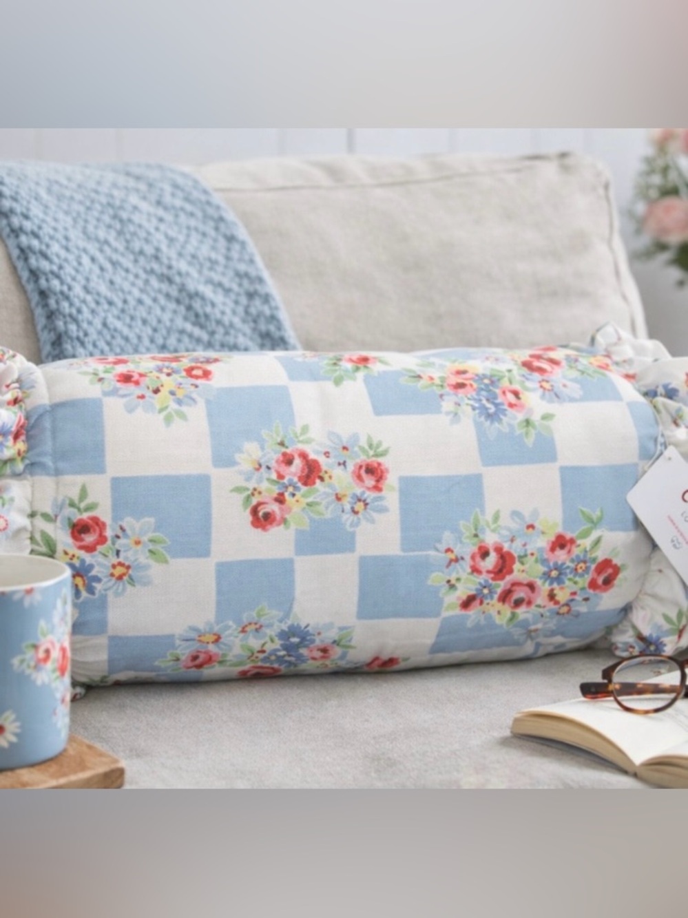 Cath Kidston NWT DAISY ROSE CHECK RUFFLE BLUE bolster pillow 8”x 20”